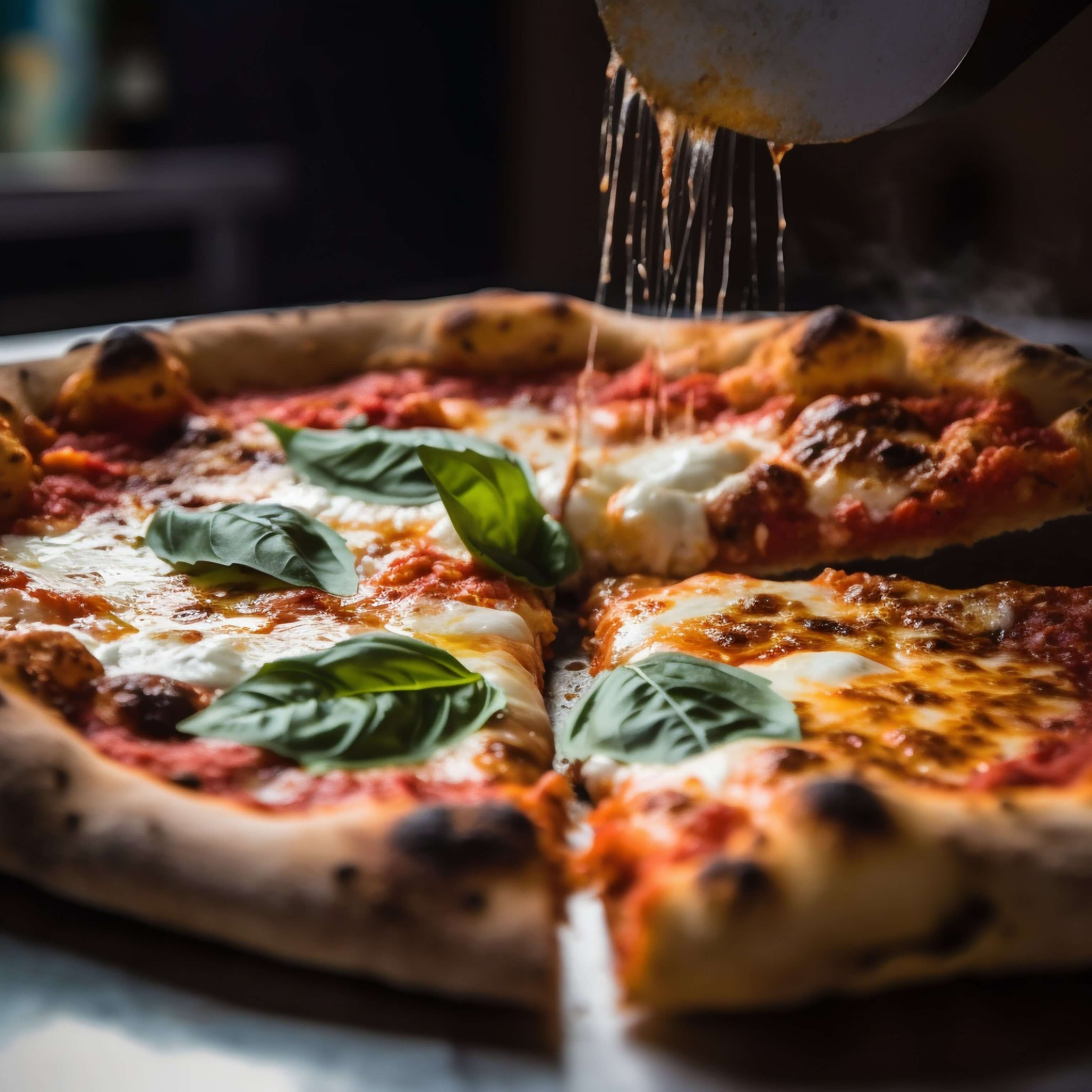 Freshly baked pizza with cheese and herbs